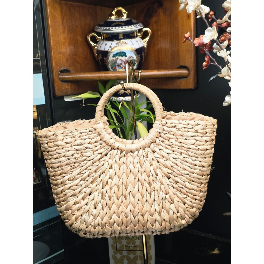Woven Straw Tote Bag Natural Beige Round Handle Boho Summer Beach Cottagecore